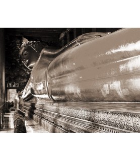 Praying the reclined Buddha, Wat Pho, Bangkok, Thailand (sepia) - Pangea Images