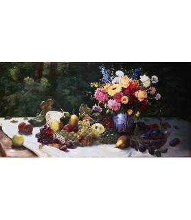 Vase of Flowers and Fruit on a Draped Table - Adam Burghardt