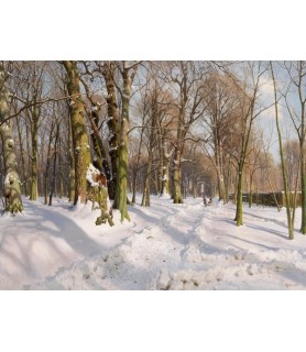Snowy forest road in sunlight - Peder Mørk Mønsted